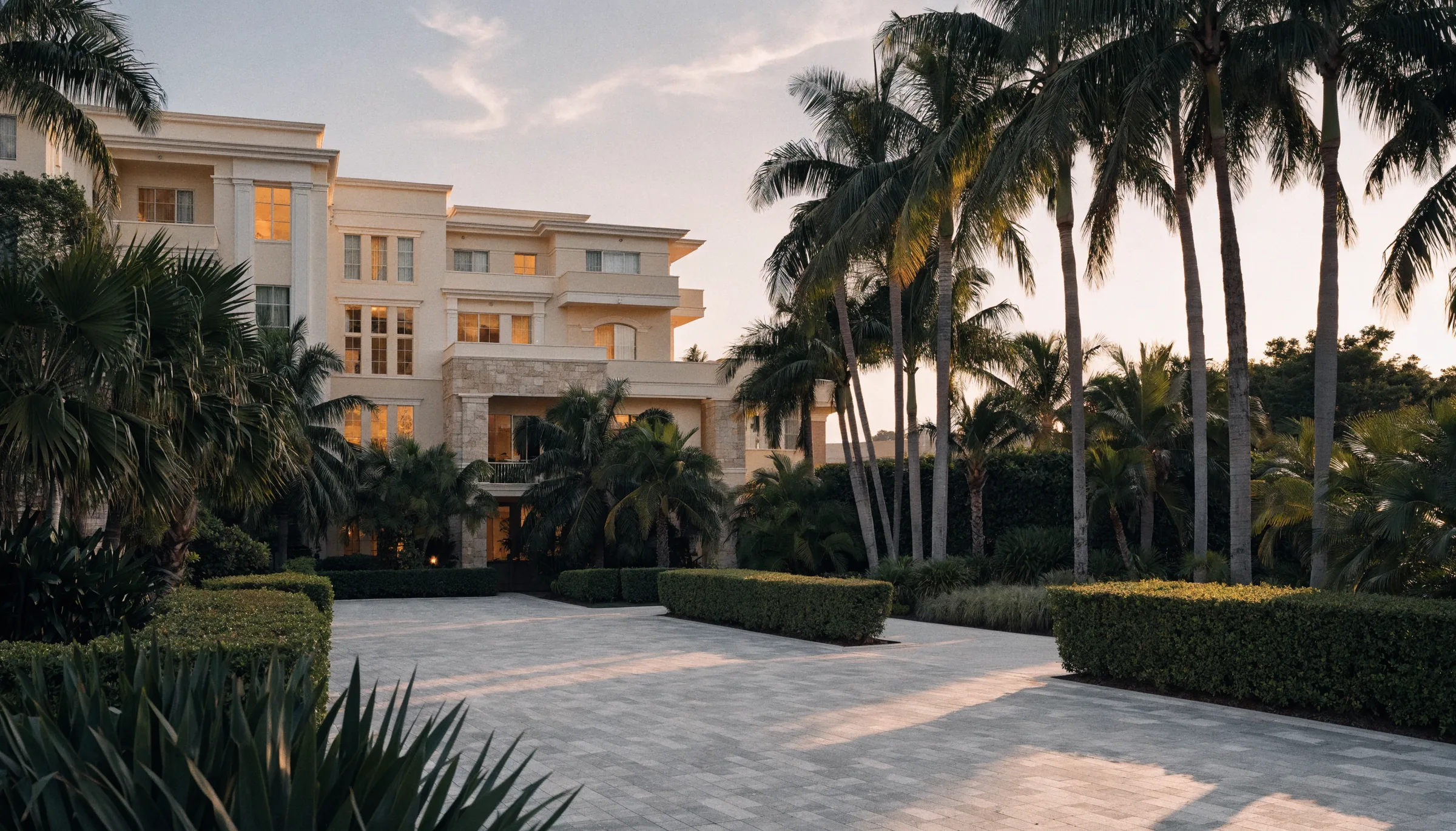 Exterior of an elegant South Miami home at dusk