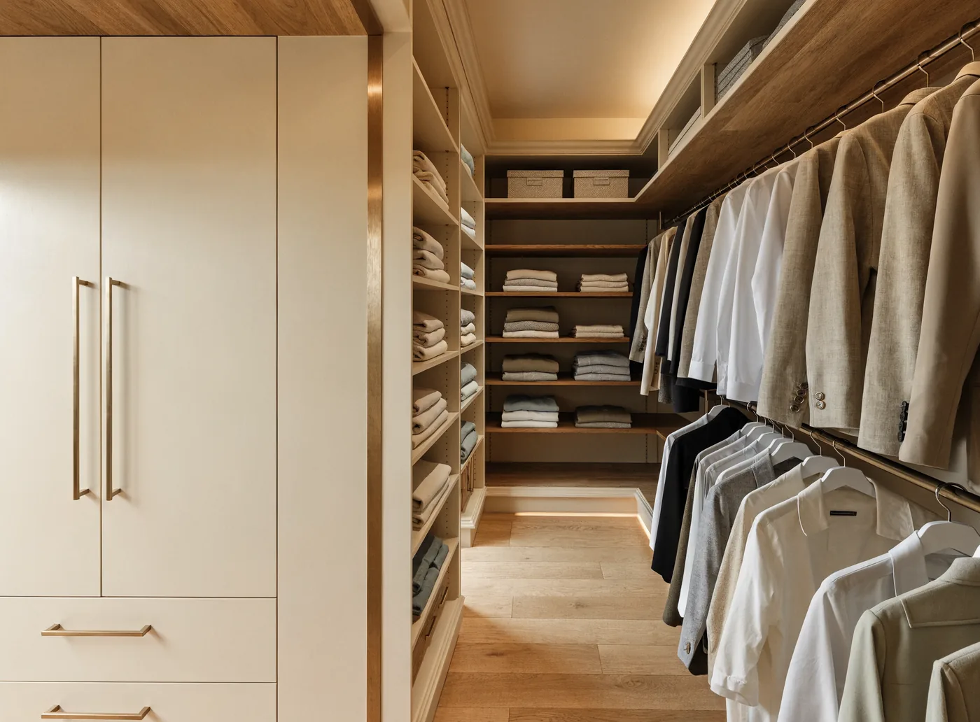 Organized custom walk-in closet with folded linens and neat shelving