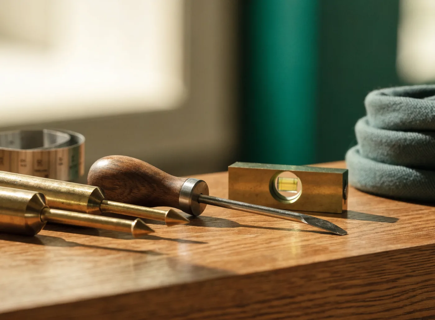 Craftsman hand tools arranged on a clean oak workbench
