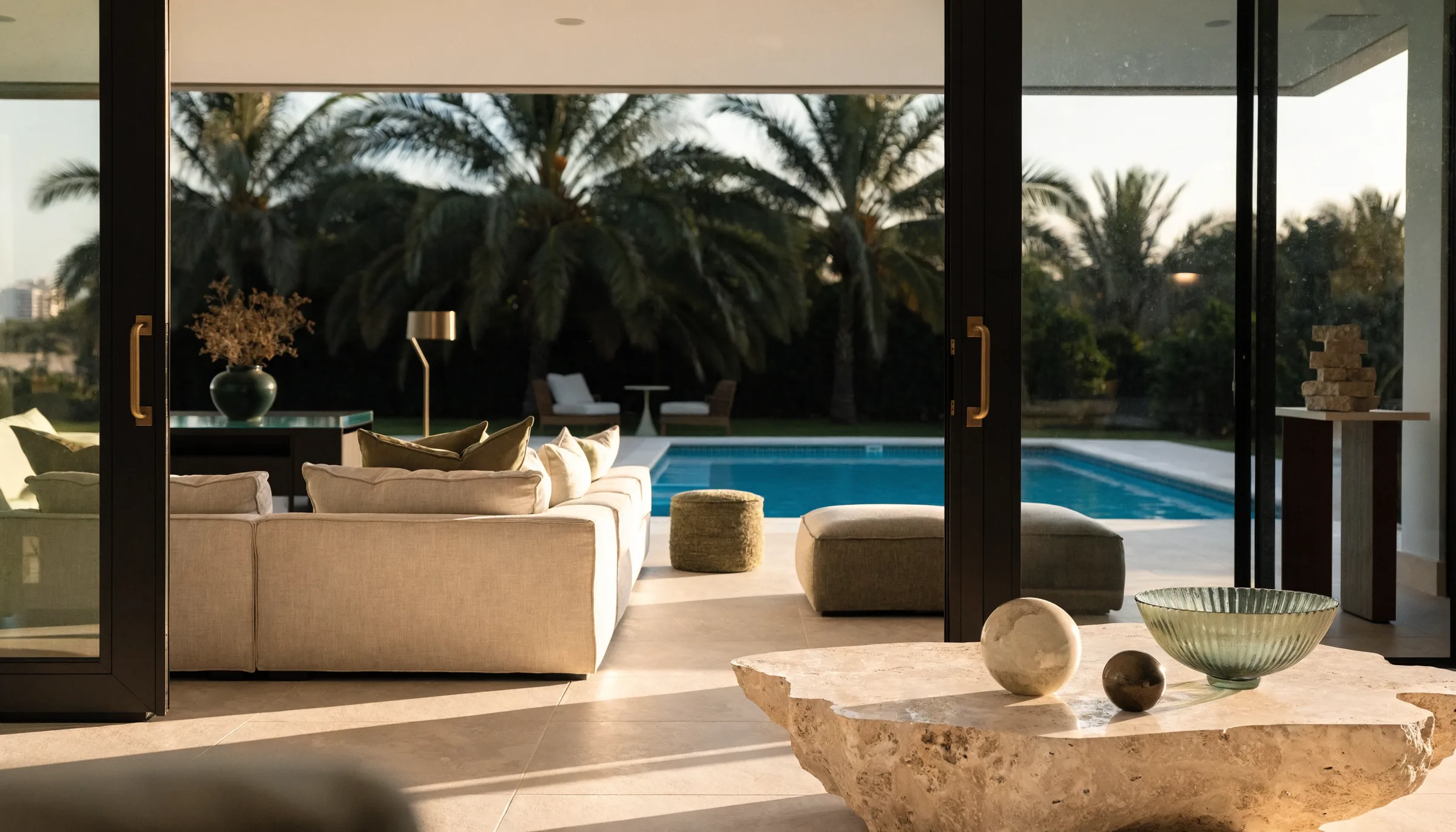 Sunlit living room of a South Miami home opening onto a pool and palm trees