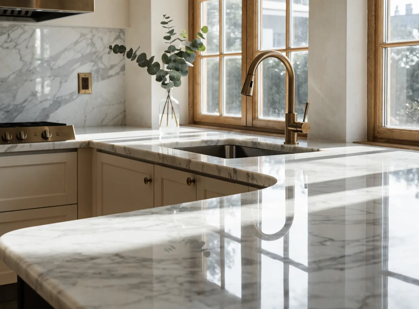 Spotless marble kitchen counter after a professional clean