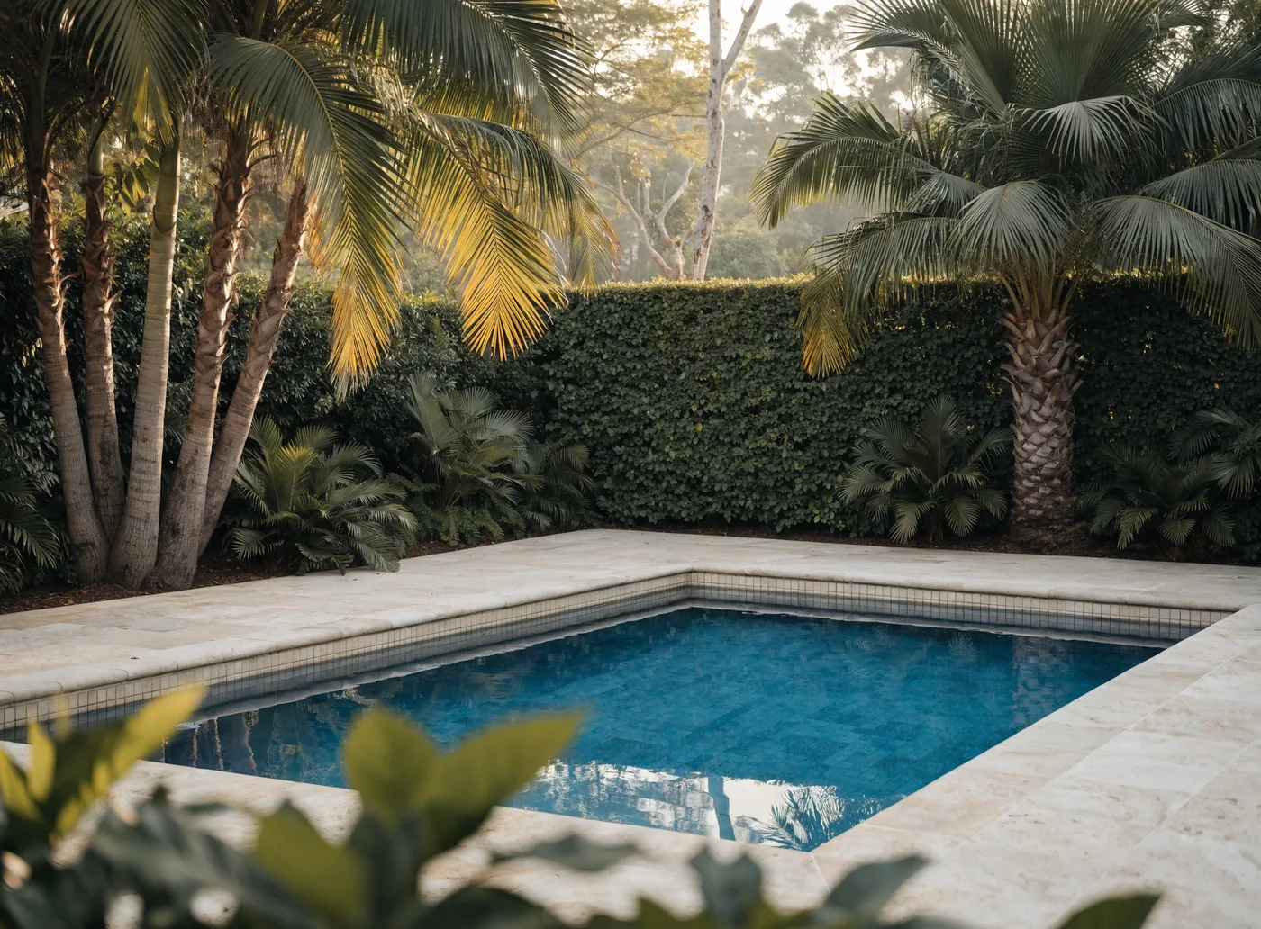 Clean residential pool with clear water and tropical landscaping